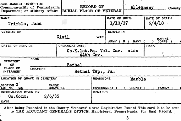 Pennsylvania, Veterans Burial Cards, 1777-1999 for John Trimble